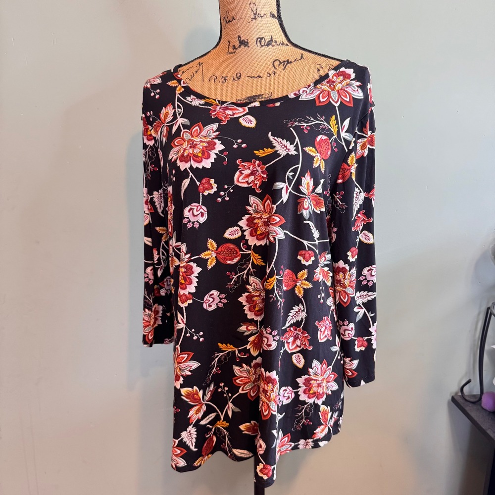 Est. 1946 Womens Floral Tunic Top Black Red 3/4 Sleeve Strappy Detail Medium
